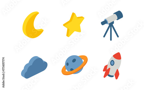 Space exploration icons set featuring rocket, telescope, and celestial bodies in flat design