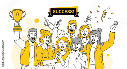 Group of people celebrating success with a trophy and confetti in a cartoon style illustration vector created with generated ai