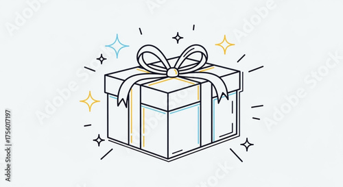 Illustration of a gift box with ribbon and stars around it in a minimalist style drawing art created with generated ai