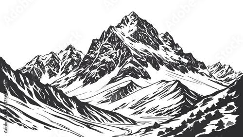 Illustration of a mountain range with snow capped peaks in a black and white landscape scene view design created with generated ai