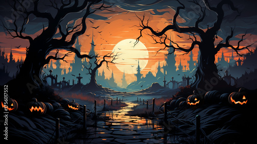 A spooky Halloween landscape illustration featuring a glowing full moon, silhouetted twisted trees, bats, and jack-o'-lanterns against an orange sky.