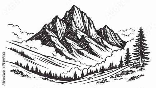 Illustration of a mountain range with pine trees and clouds in a black and white landscape view created with generated ai
