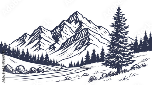 Illustration of a mountain range with a winding path and evergreen trees in the foreground view created with generated ai