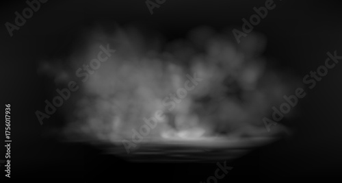 Dense fog and vapor overlay on black background with soft haze and glowing light effect.