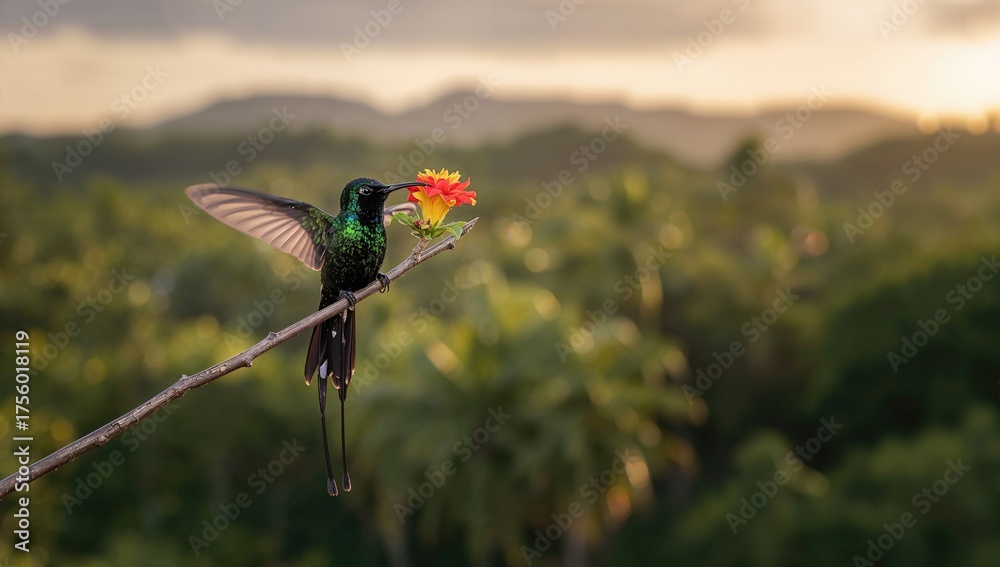 Fototapeta premium A Wimpelschwanz Hummingbird (Trochilus polytmus), the national bird of a Caribbean island in Middle America