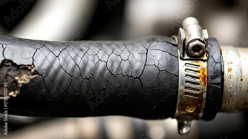 Close up of a cracked and old car radiator hose with a metal clamp.