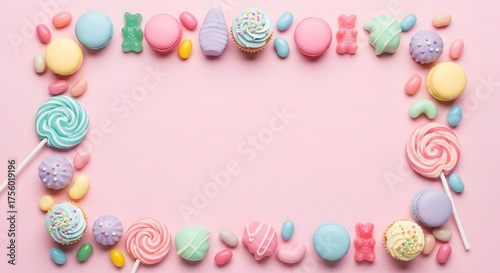 A delightful frame made of colorful candies and sweets on a soft pink background, perfect for party invitations or playful designs