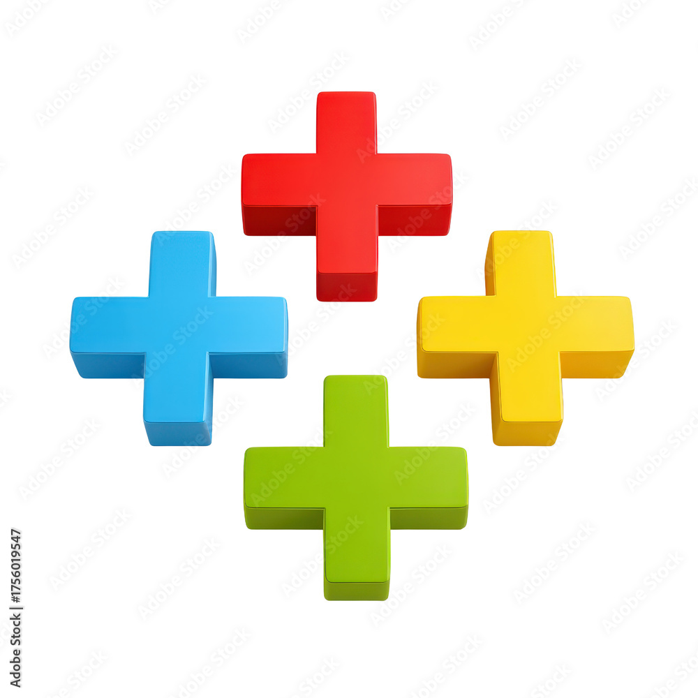 Fototapeta premium Colorful Plus Signs in Bright Primary Colors on a Black Background