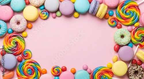 Colorful assortment of candies, macarons, and lollipops forming a frame on a pink backdrop, ideal for birthday or party concepts