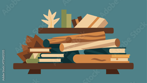 A collection of stacked driftwood pieces on a shelf serving as a unique piece of wall art.