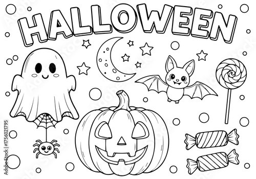 Halloween-themed coloring page featuring a smiling ghost, pumpkin, bat, spider, moon, stars, and candy