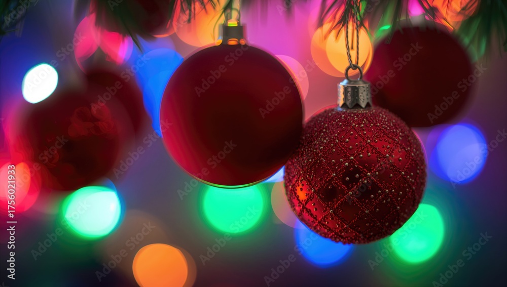 Fototapeta premium Holiday decoration concept featuring a close-up of colorful baubles with a blurred multicolor light background