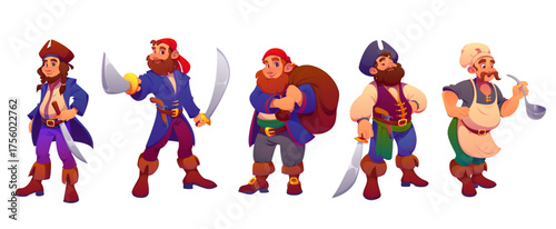Cartoon pirate crew characters of captain, skipper, sailor and cook, first mate and boatswain corsairs. Vector pirate crew personages set of bearded men with tricorn hats, bandana, swords and guns