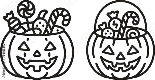 Halloween Pumpkin Candy Bucket Vector Illustration – Trick or Treat Line Art Design for Holiday and Party 