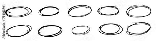 Hand drawn marker red circles round set. Doodle round shapes. Crayon circle highlight