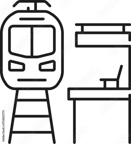 Railroad and railway icon of train or subway metro station, vector line symbol. Railroad and railway line pictogram of metro, underground and tram or railcar train approach to station platform