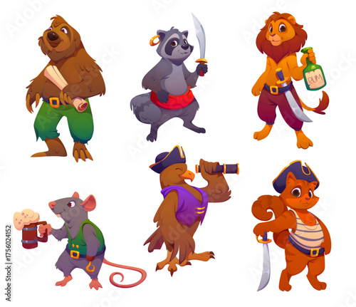 Cartoon funny animal pirate and corsair characters of ship crew, vector personages. Caribbean pirate animals, raccoon sailor with saber sword, lion boatswain with rum and eagle captain with spyglass
