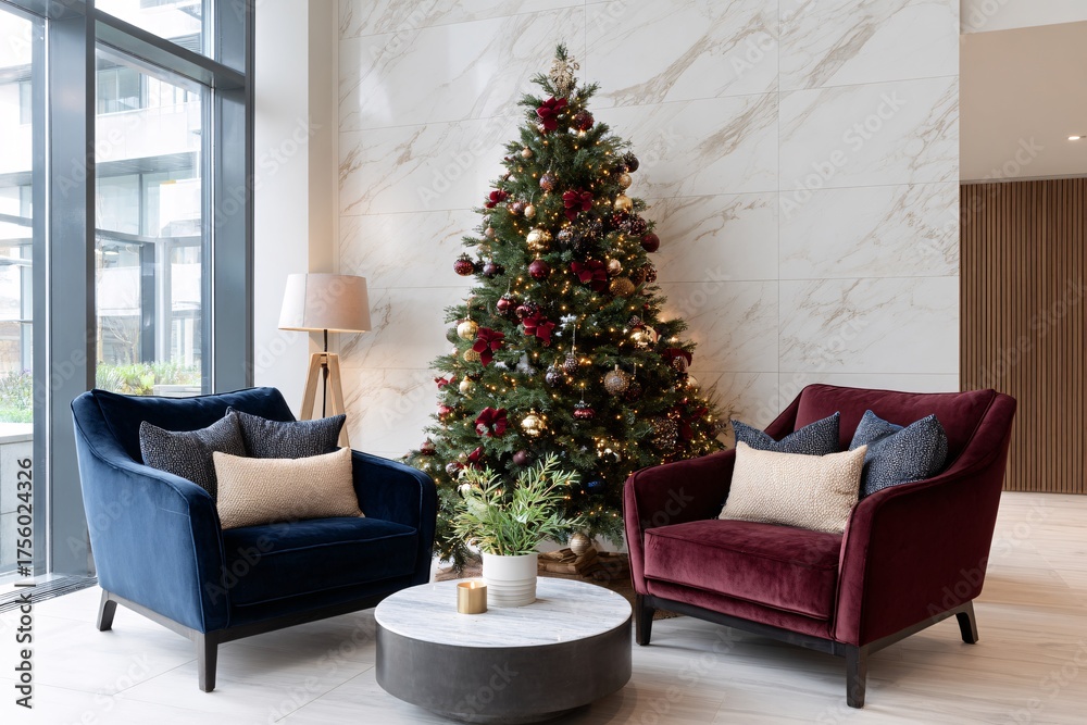 Fototapeta premium Modern open-plan space featuring a sustainable Christmas tree