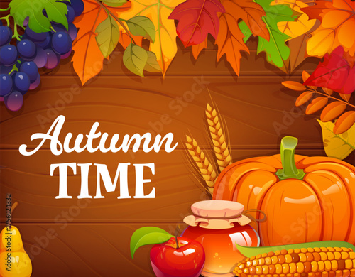 Autumn Thanksgiving harvest banner with falling leaves, ripe pumpkin and holiday harvest. Cartoon vector festive greeting card celebrating autumn time with grapes, corn, apple and pear, honey jar