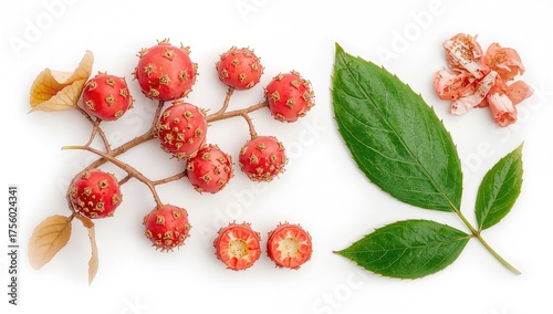 Fototapeta Naklejka Na Ścianę i Meble -  Branches and fruits of a spicy plant with oil spots that look like flowers on a pale backdrop, inspiring its common name
