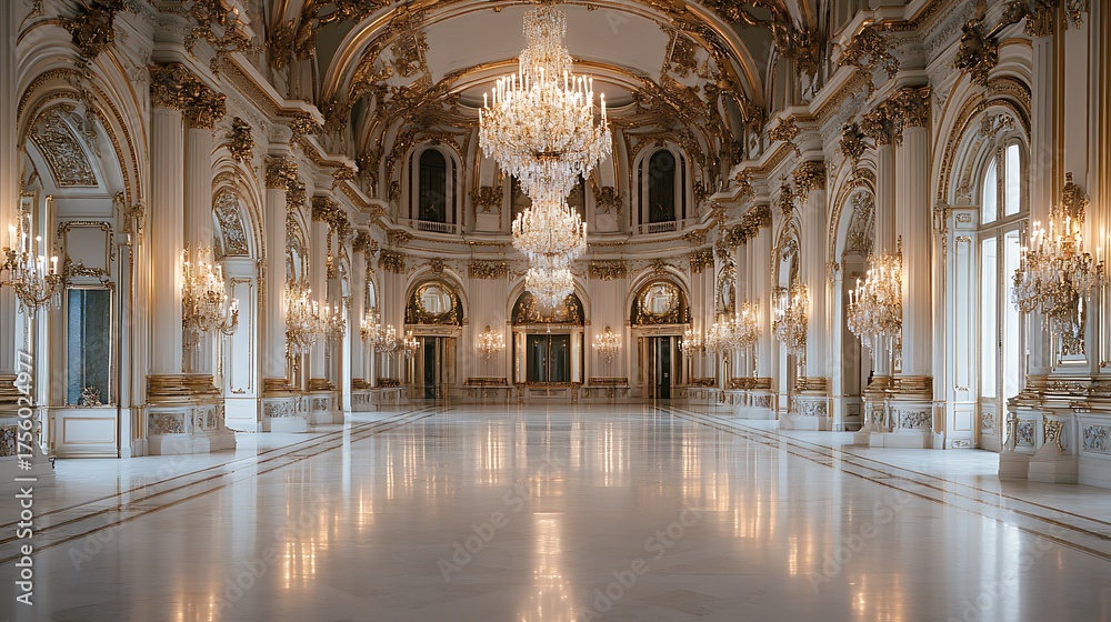 Obraz premium Grand ballroom interior design with chandeliers and gold accents for luxury event venue space rental
