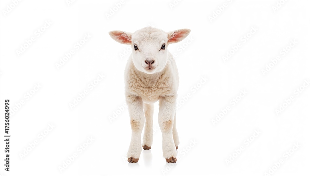 Fototapeta premium Adorable young lamb from Texel breed, standing and gazing directly at the camera with a curious expression, set against a plain white backdrop.