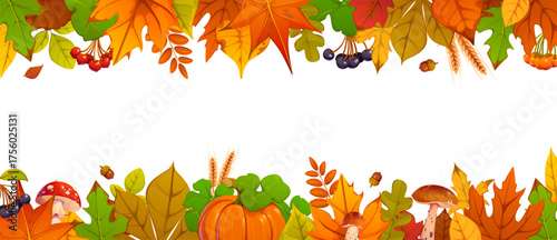 Autumn Thanksgiving border frame with colorful fall leaves, berries, mushrooms, pumpkins, and acorns on top and bottom. Cartoon vector horizontal blank template for seasonal banners and invitations