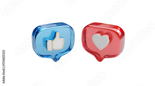 Two 3D social media notification icons a blue thumbs up and a red heart symbolize likes and love on a black background