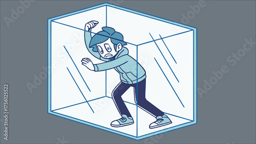 Person trapped inside a transparent glass box feeling distressed and struggling to escape