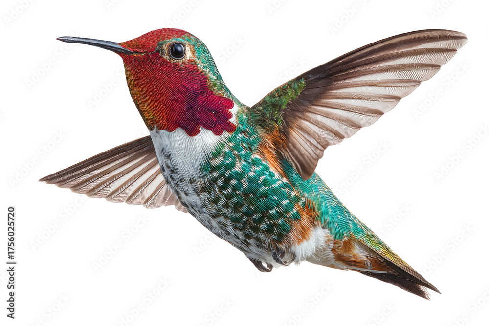 Obraz premium Hummingbird in flight with vibrant colors and detailed feather texture
