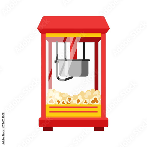 Red and yellow popcorn machine with fresh popcorn inside.