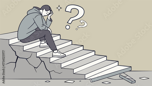 Young person sitting on broken stairs looking confused with a question mark above their head