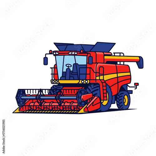 Red Combine Harvester Agricultural Machine on White Background.