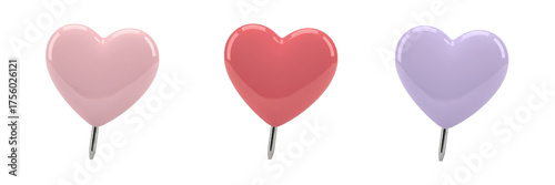A set of multicolored heart shaped push pins in pink, red, and pastel purple. These are for paper or cork boards. 3D Valentine's Day pushpin, isolated on a transparent background, PNG.