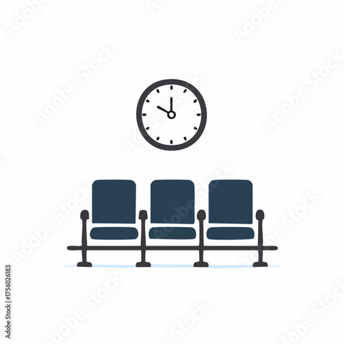 Minimalist graphic of empty waiting room chairs and a wall clock for schedule and appointments.