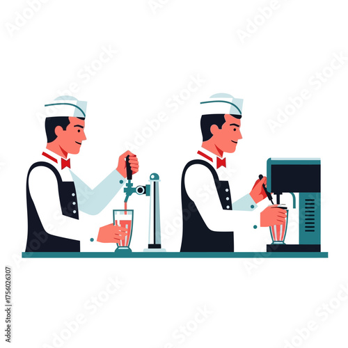 Two waiters serving drinks at a restaurant bar counter.