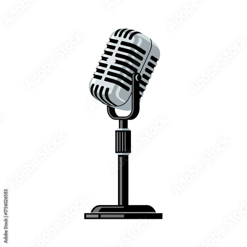 Vintage microphone on stand isolated on white background.