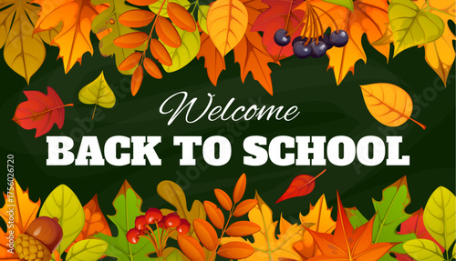 Back to school banner with autumn fall leaves and berries vector border on green chalkboard background. Cartoon maple foliage, acorns, rowan berries and leaves frame with welcome back to school slogan