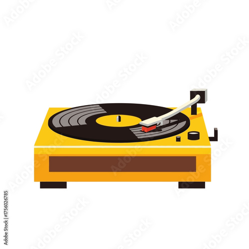 Yellow turntable playing vinyl record on white background.