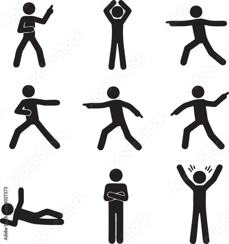Stick Figure Poses: Black Silhouette Icons Set of People in Various Actions, Gestures, and Positions for Design and Illustration