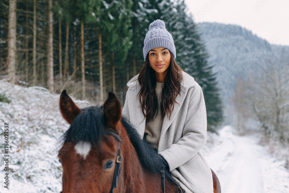Fototapeta premium Stylish young woman with horse in snowy forest Generative AI