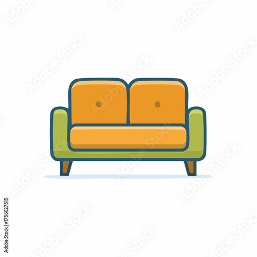 Cartoon illustration of a cozy two-seater sofa in yellow and green colors.