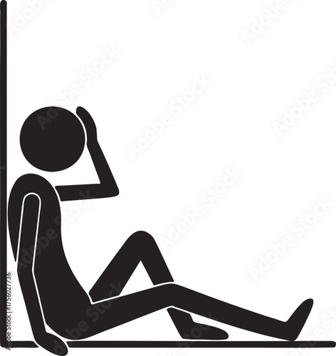Stick Figure Sitting Against Wall: Depressed, Sad, Frustrated, Black & White Illustration, Simple Graphic, Mental Health Concept