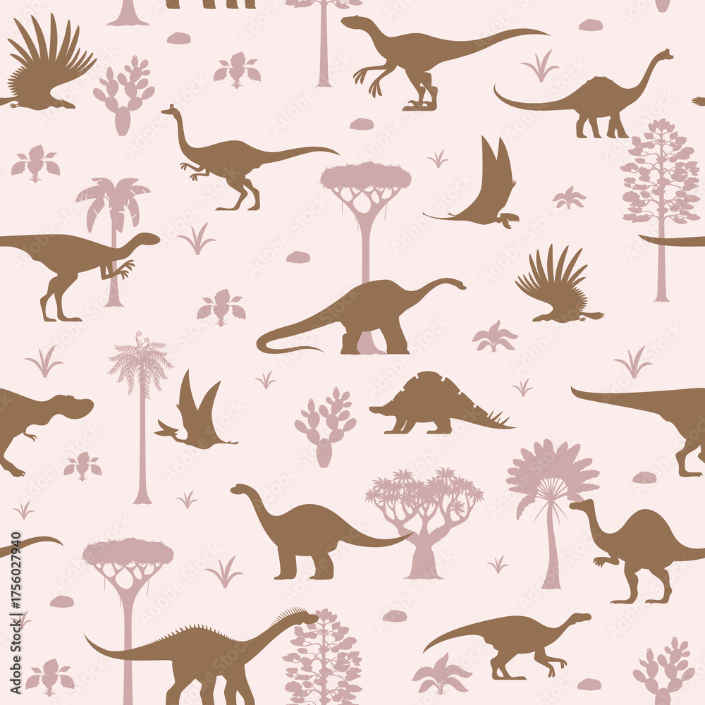 Obraz premium Prehistoric dinosaurs pattern background with Jurassic lizards and reptiles, seamless vector. Cartoon dinosaur silhouettes pattern of dino lizards and pterodactyl with tropical jungle palms background