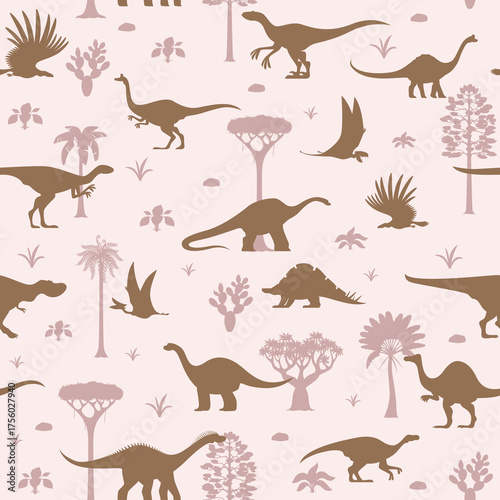 Prehistoric dinosaurs pattern background with Jurassic lizards and reptiles, seamless vector. Cartoon dinosaur silhouettes pattern of dino lizards and pterodactyl with tropical jungle palms background
