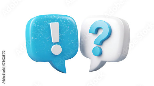 Glossy three-dimensional speech bubbles representing communication dialogue and problem-solving through questions and answers