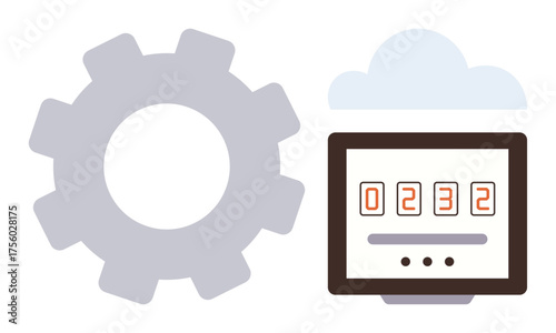 Gear next to digital counter under cloud representing automation, connectivity, and technology. Ideal for themes thumbs up cloud computing, data processing, digital tracking, engineering systems