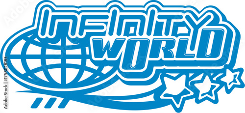 Infinity world globe vintage Y2K icon or sign. International company planet Earth vintage vector emblem, world business Y2K icon. Geography globe symbol with retro abstract typography and stars