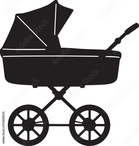 Baby Carriage Black Silhouette Vector, Stroller Icon & Newborn Design Art