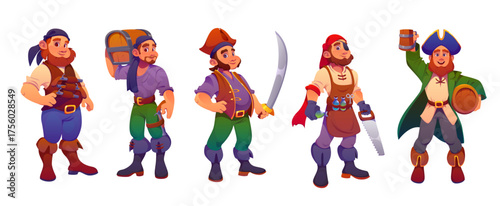Cartoon pirate crew characters, funny corsairs vector personages with treasure chest, sword and guns, beer barrel, tricorn hats and bandanas. Captain, skipper and sailor, carpenter, gunner pirate crew